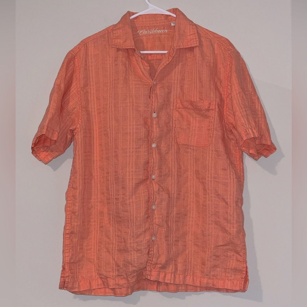 Caribbean Shirt Mens Medium Salmon Linen Button Short Sleeve Point Collared